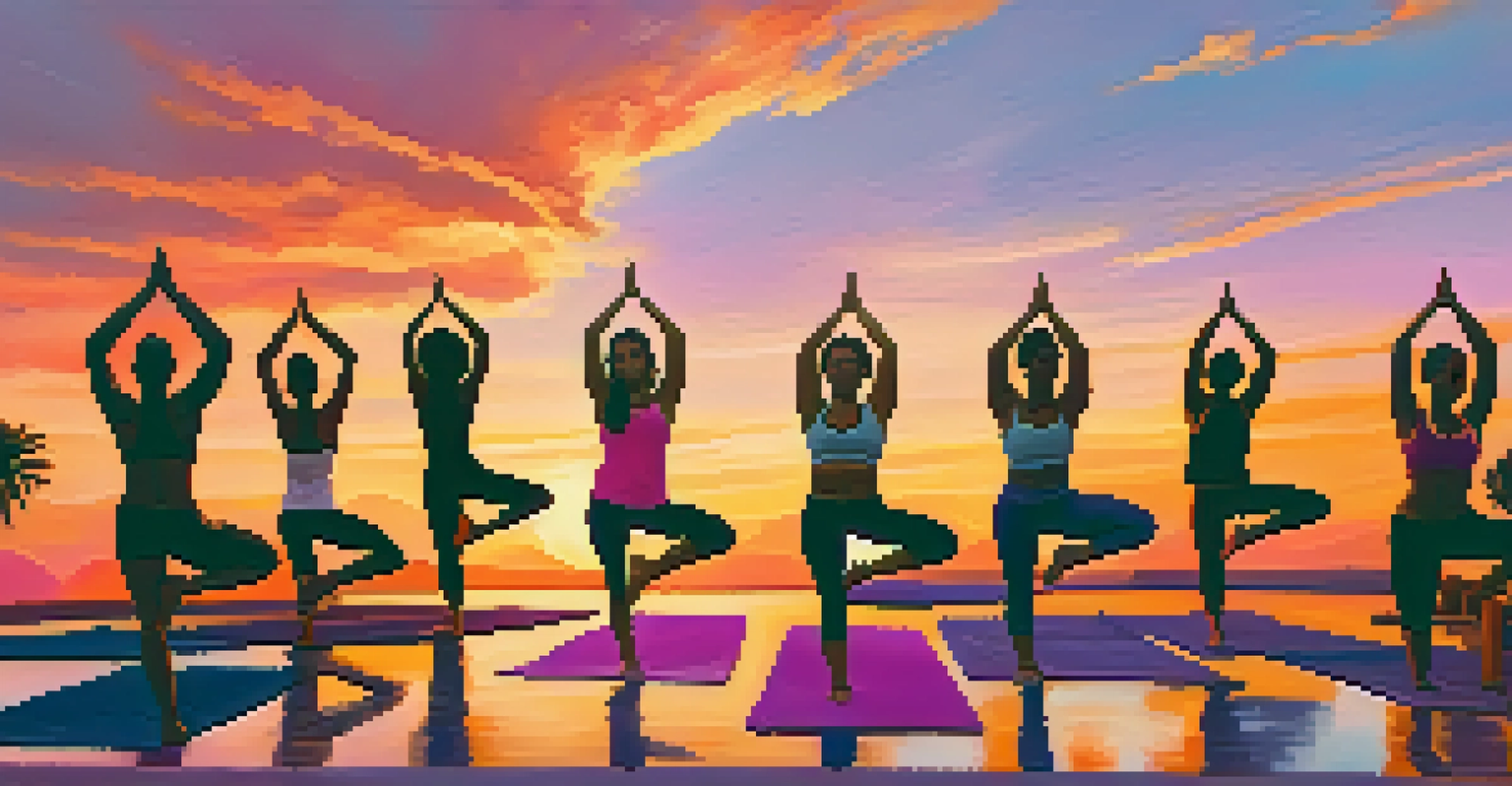 A group of people practicing yoga outdoors during sunset, showcasing harmony and community.