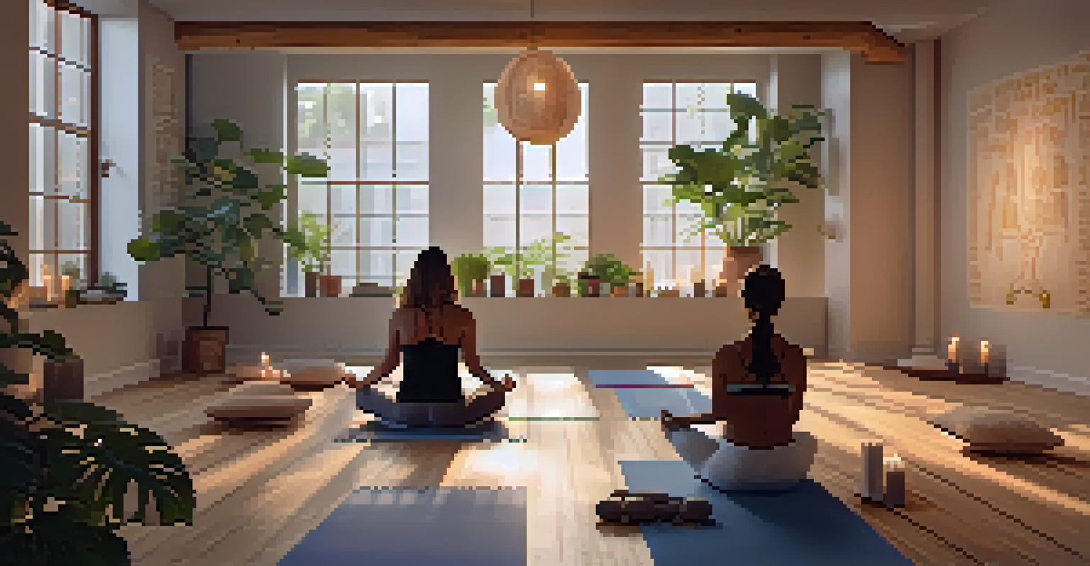 A small group of activists meditating in a softly lit indoor yoga space with candles and plants.
