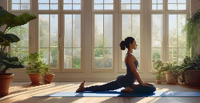 A person practicing Bridge Pose in a bright yoga studio with sunlight and plants around.