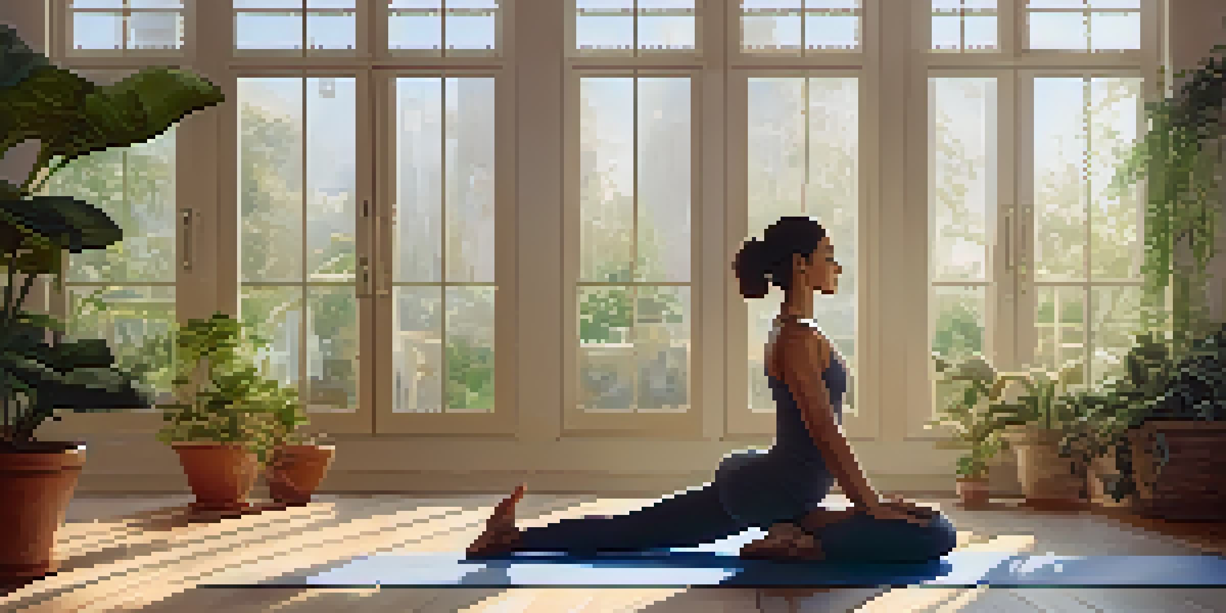 A person practicing Bridge Pose in a bright yoga studio with sunlight and plants around.