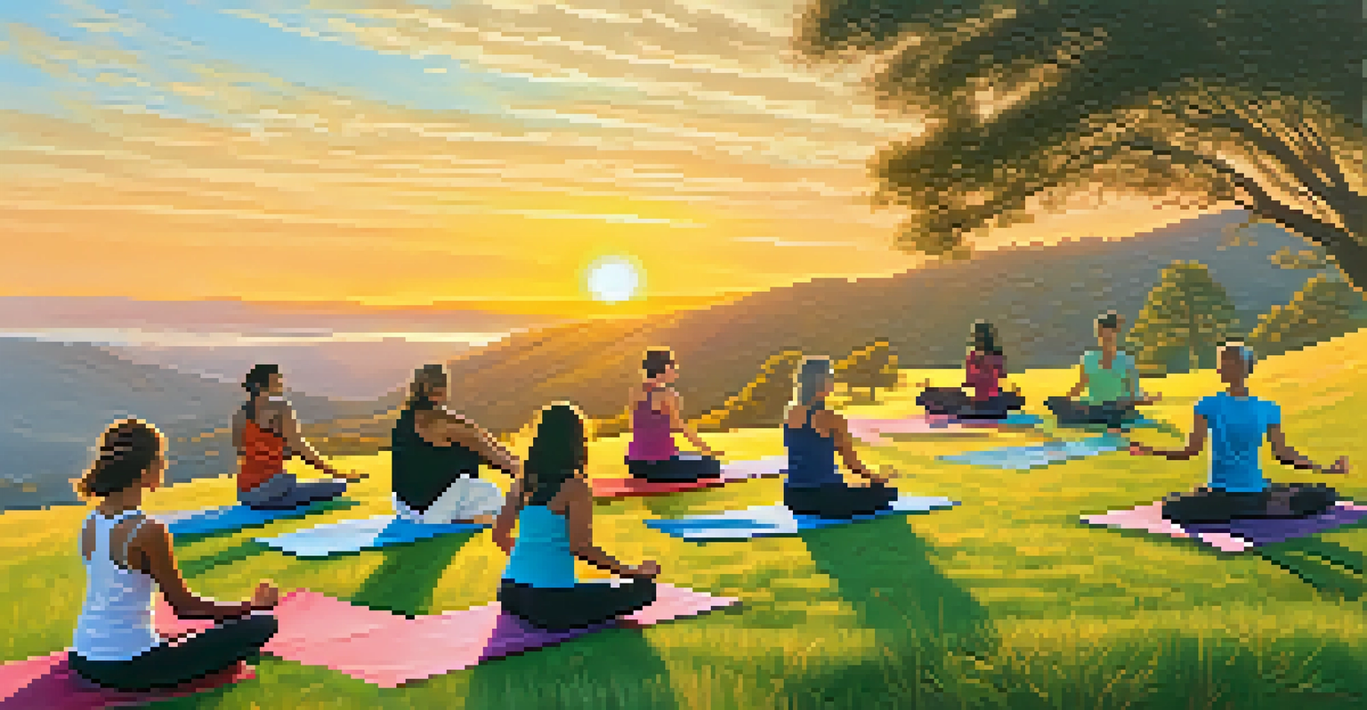 A group of people practicing Vinyasa yoga on a grassy hillside during sunrise, showcasing dynamic movement and energy.