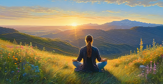 A person practicing mindful breathing on a grassy hilltop at sunrise, with wildflowers and mountains in the background.