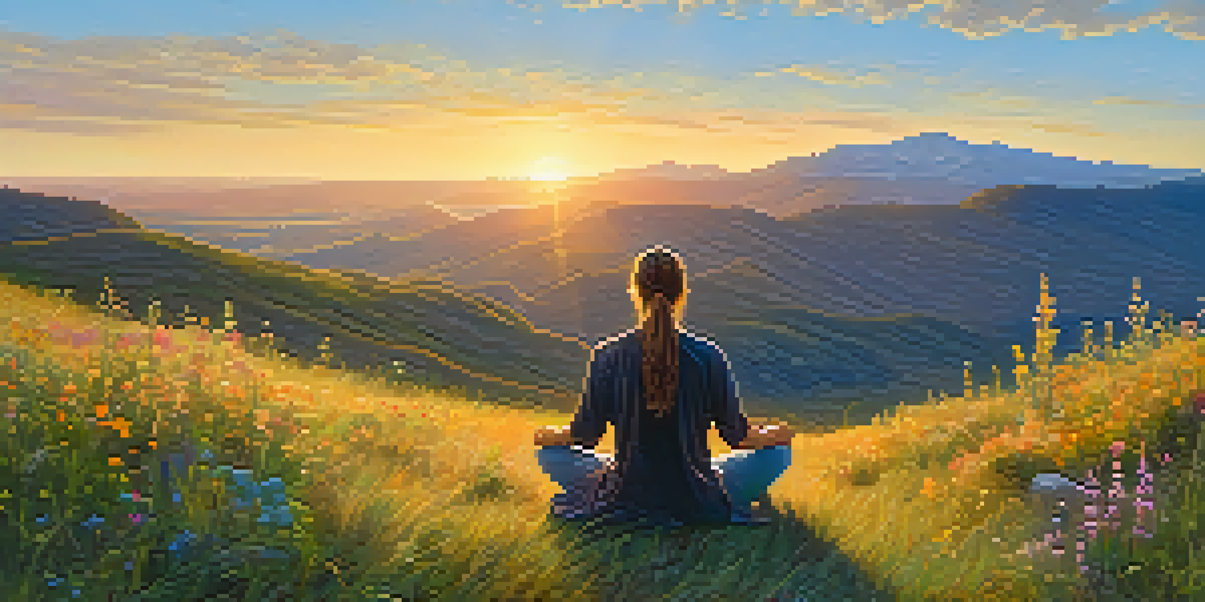 A person practicing mindful breathing on a grassy hilltop at sunrise, with wildflowers and mountains in the background.