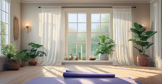 A peaceful yoga studio with a yoga mat, candles, and plants, illuminated by natural light.