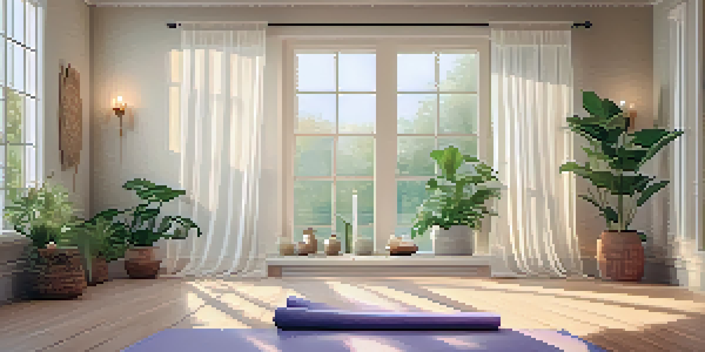 A peaceful yoga studio with a yoga mat, candles, and plants, illuminated by natural light.