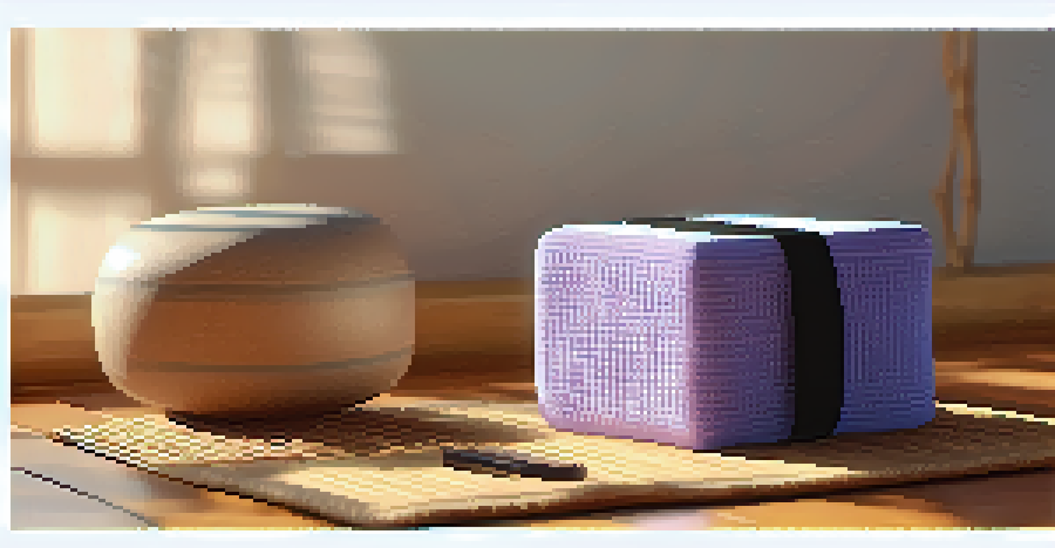 Close-up of yoga props on a mat, with sunlight highlighting their textures, and blurred practitioners in the background.