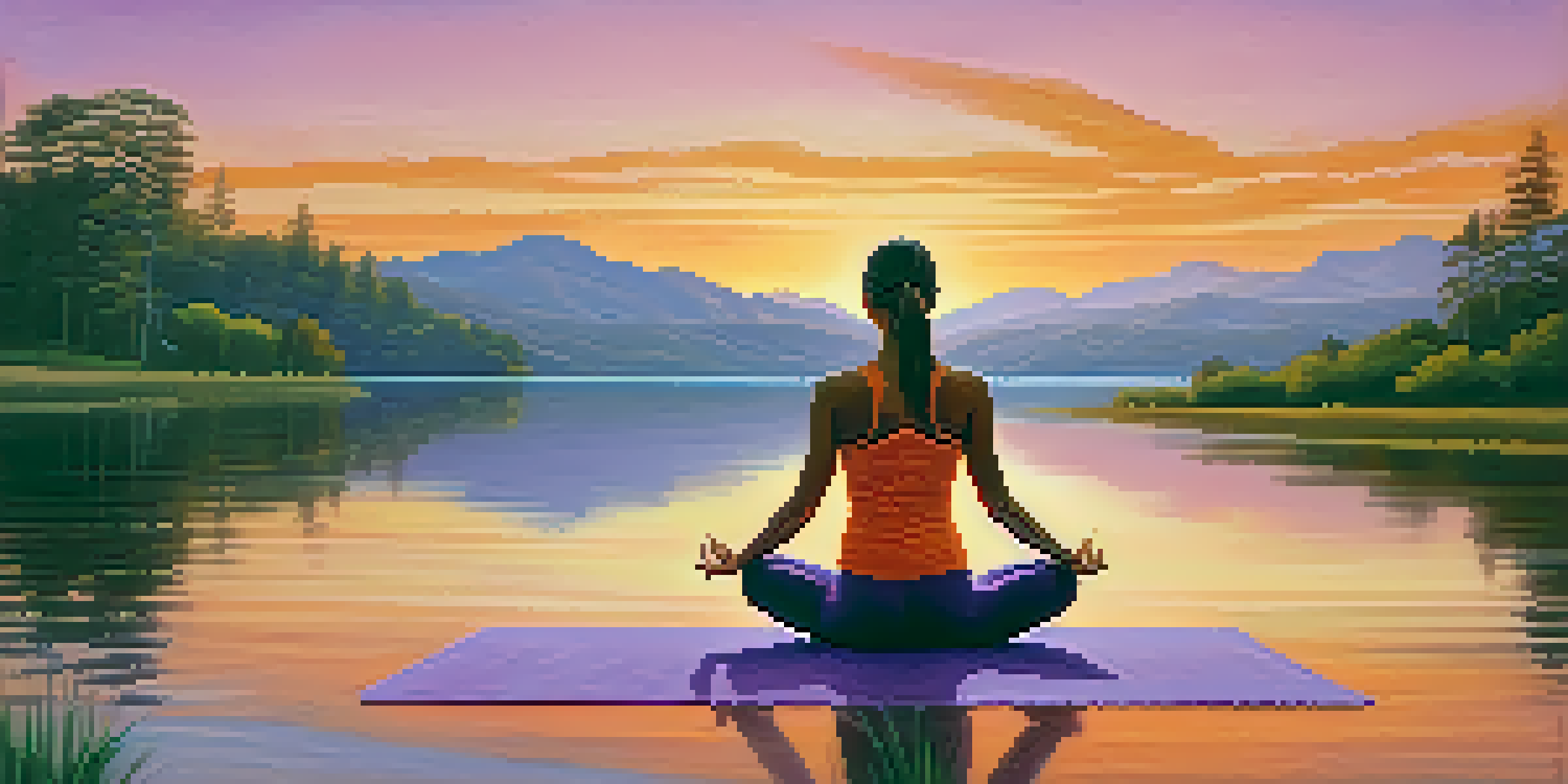 A woman practicing yoga in a meditative pose on a mat by a calm lake at sunset, surrounded by mountains and lush greenery.