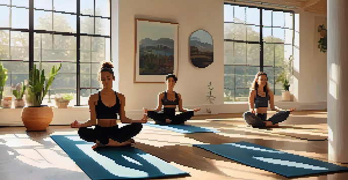 A diverse group of athletes practicing yoga in a sunlit studio, demonstrating mindfulness.