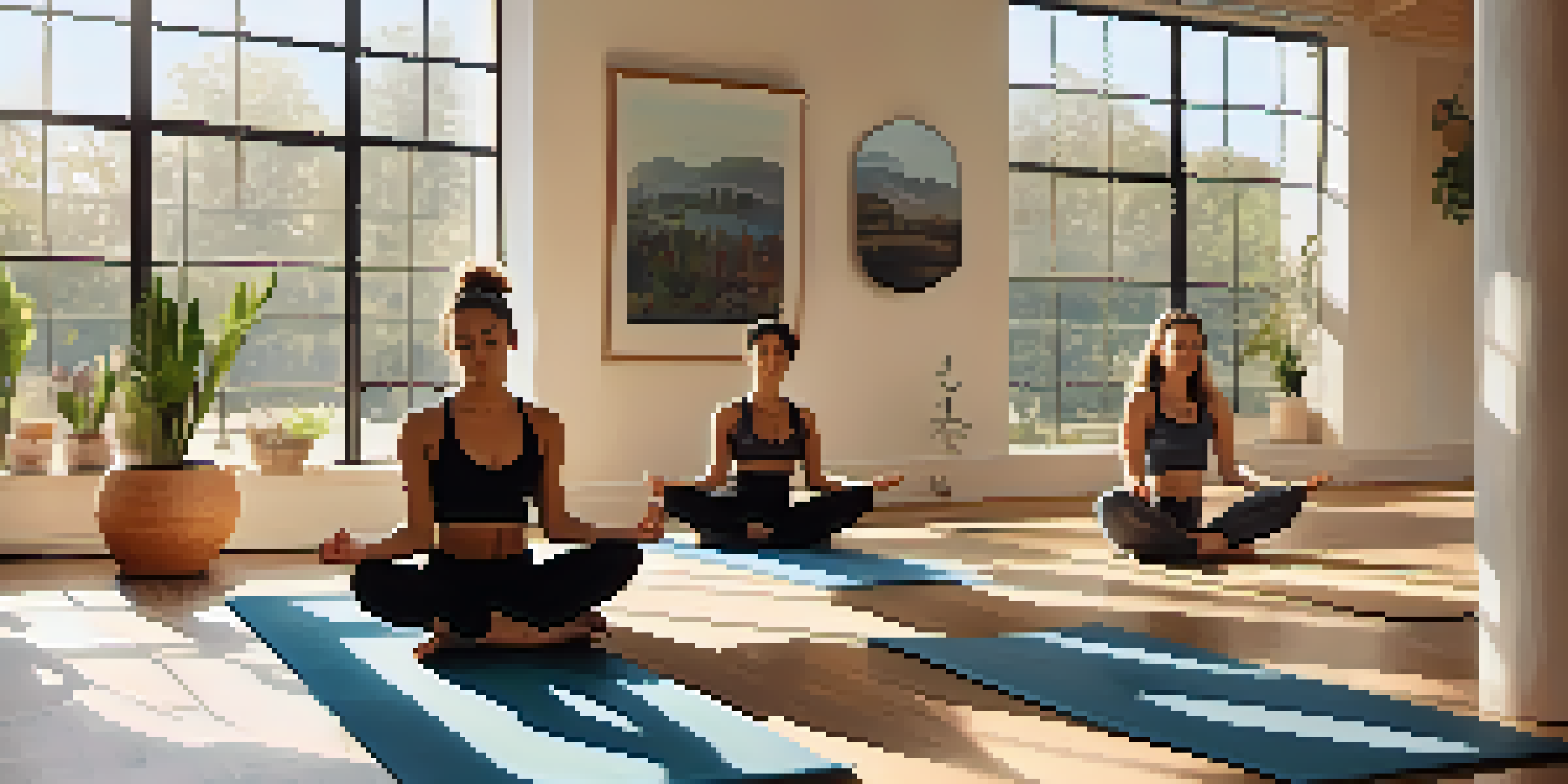 A diverse group of athletes practicing yoga in a sunlit studio, demonstrating mindfulness.