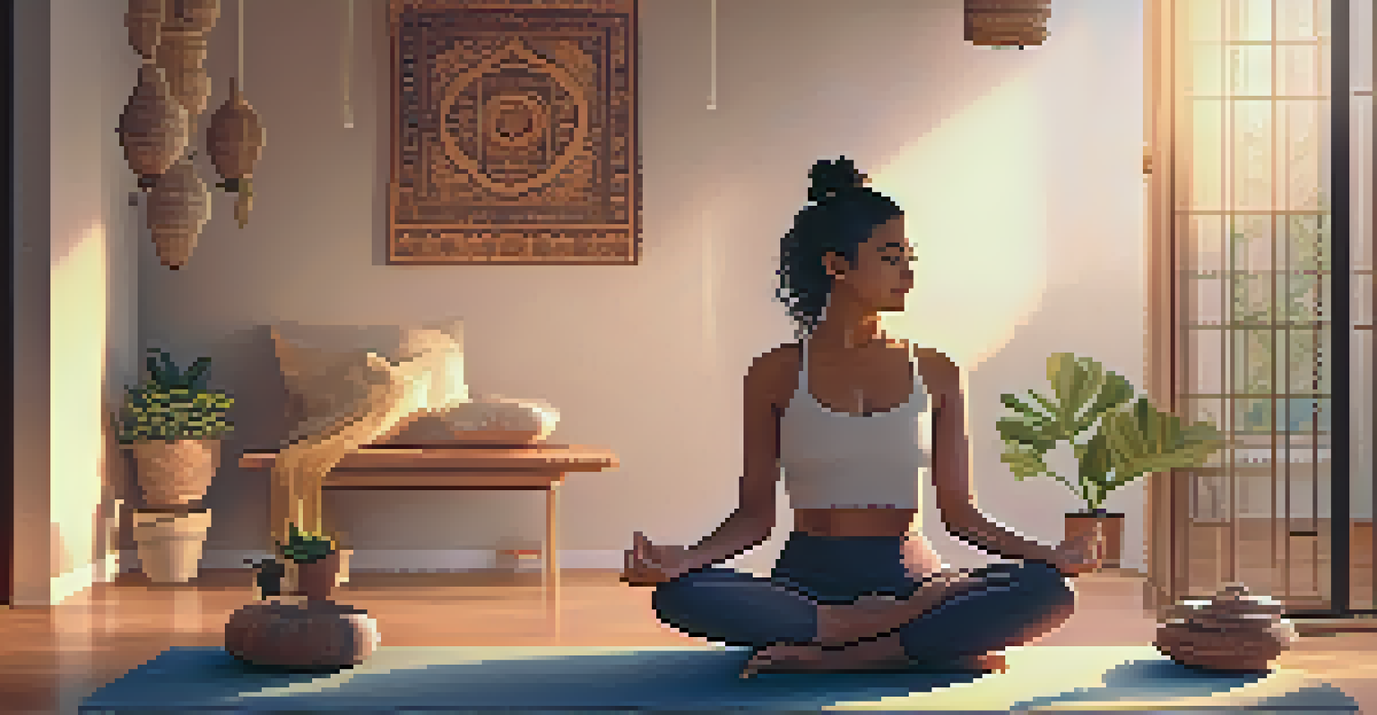 An individual sitting cross-legged on a yoga mat in a cozy room, practicing Nadi Shodhana breathing technique.