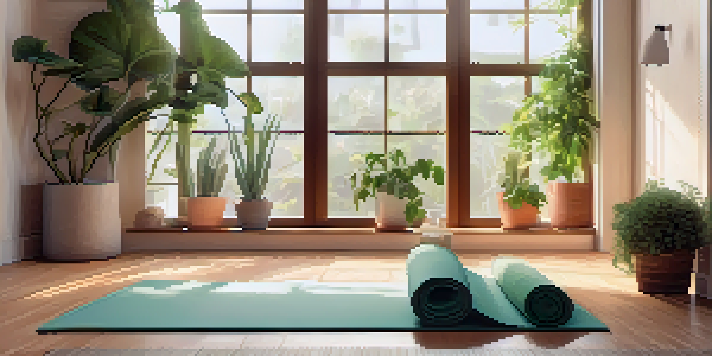 A peaceful yoga space with natural light, an organic cotton mat, houseplants, and scented candles.