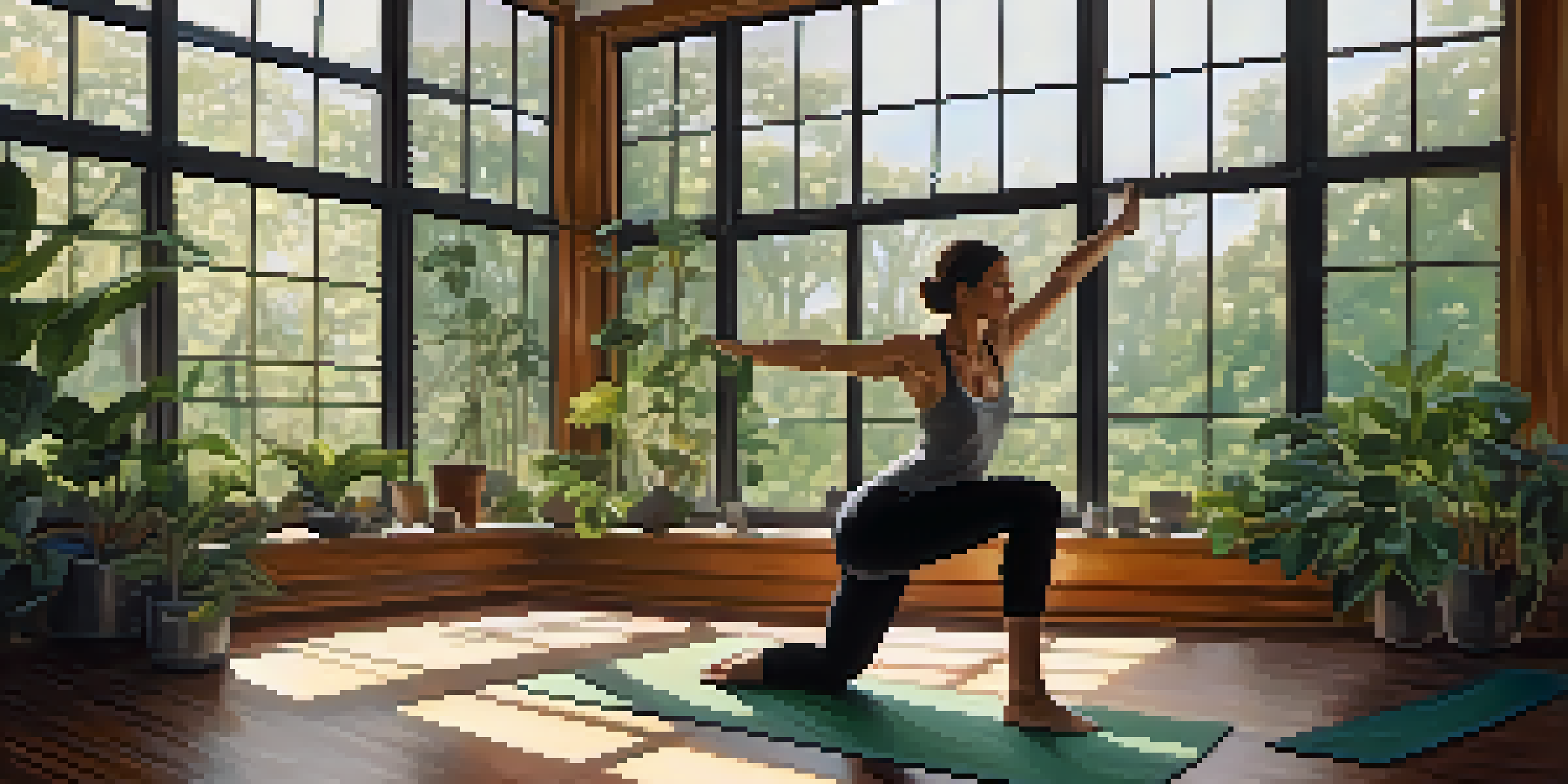 An athlete practicing the Warrior I pose in a bright yoga studio with plants and wooden flooring.
