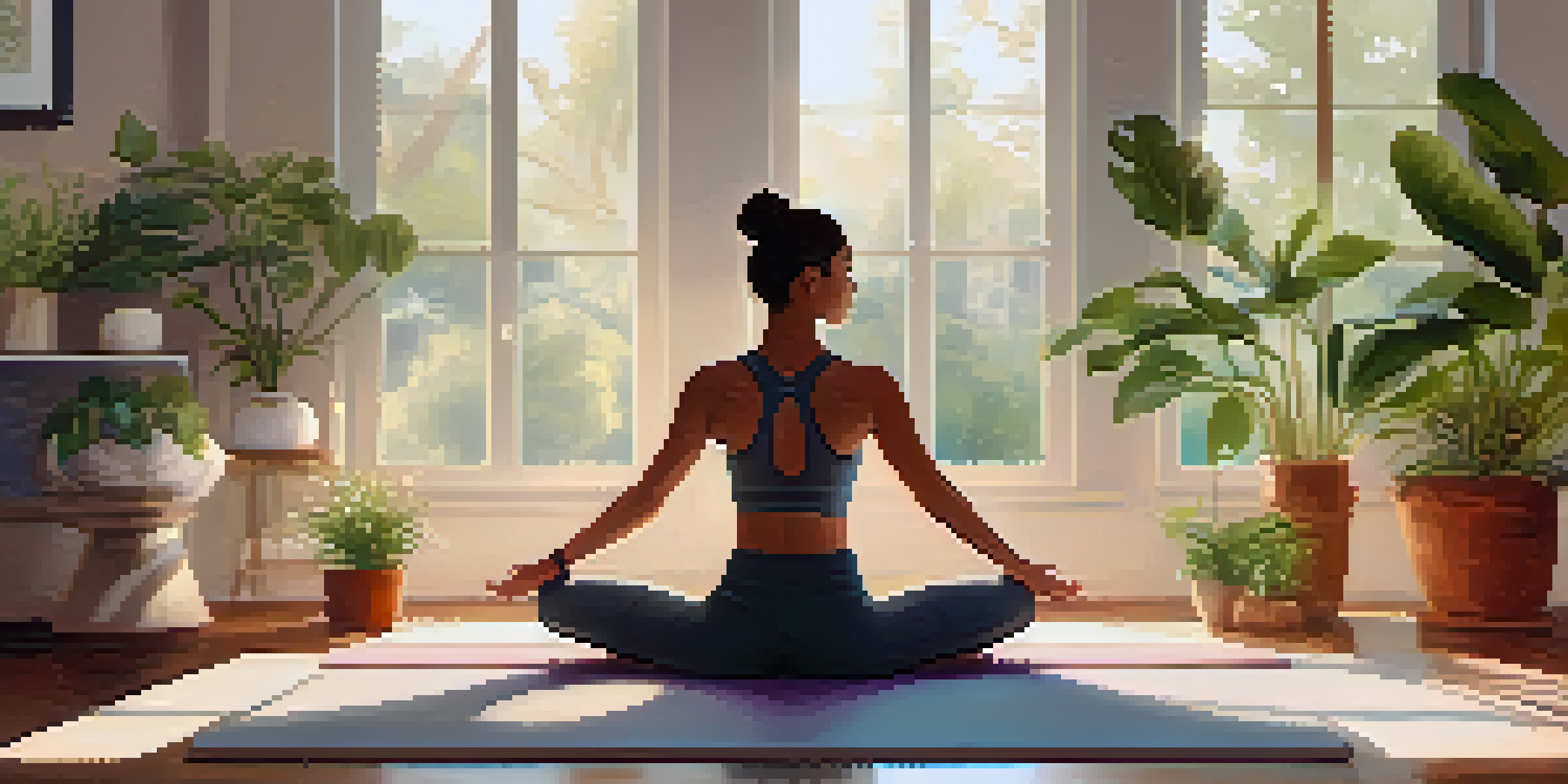 A person practicing yoga in a sunlit room with large windows overlooking a garden, surrounded by cushions and plants.