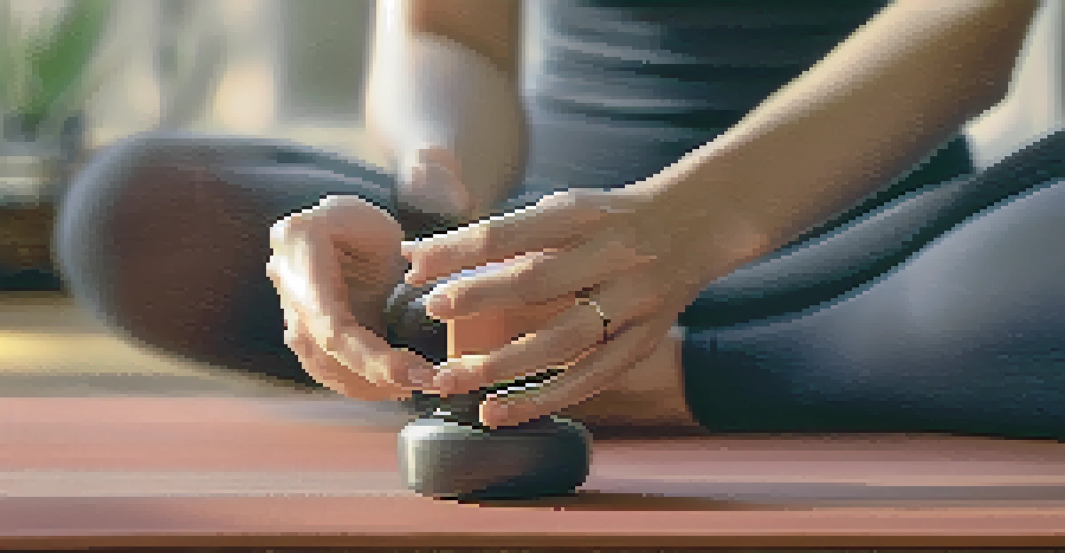 A close-up of hands in a meditative pose on a yoga mat, with a water bottle in the background, showcasing tranquility.