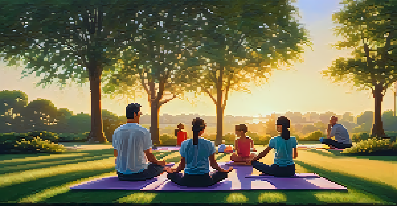 A family practicing yoga in a green park at sunset, showcasing connection and harmony as they perform poses together.