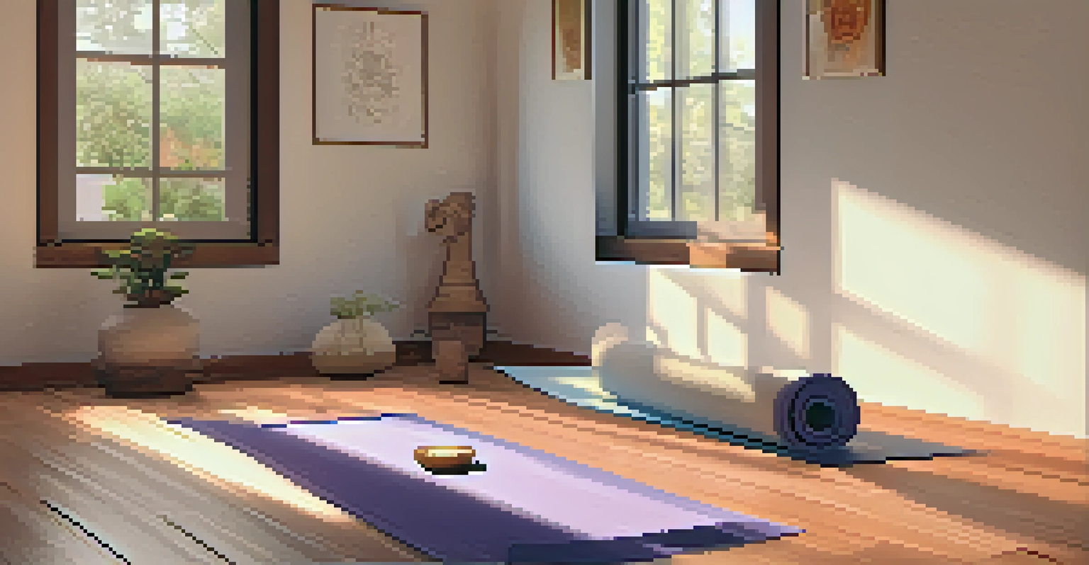 A cozy home yoga space with a yoga mat, candles, and a person practicing a yoga pose in natural light.