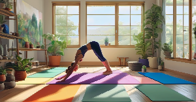A peaceful yoga studio where a person is practicing Child's Pose on a mat, surrounded by plants and calming decor.