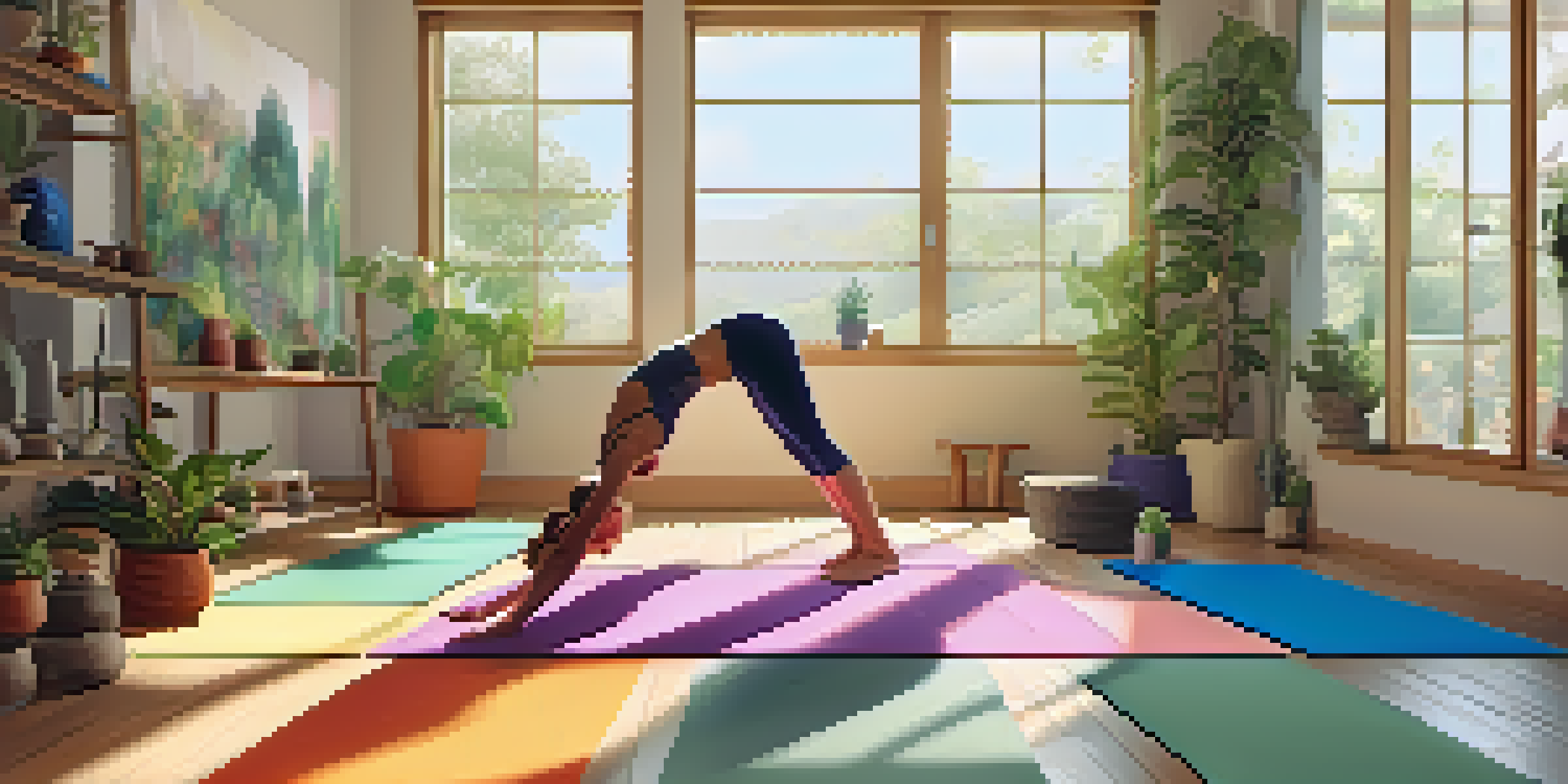 A peaceful yoga studio where a person is practicing Child's Pose on a mat, surrounded by plants and calming decor.