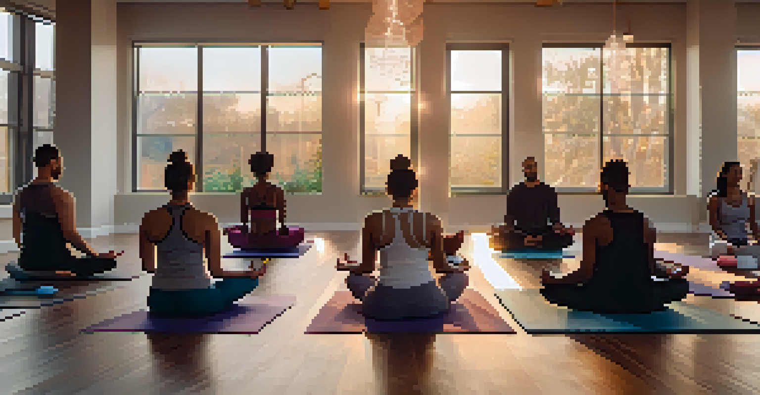 A cozy indoor yoga studio with people meditating in a circle, surrounded by soft lighting and inspirational quotes.