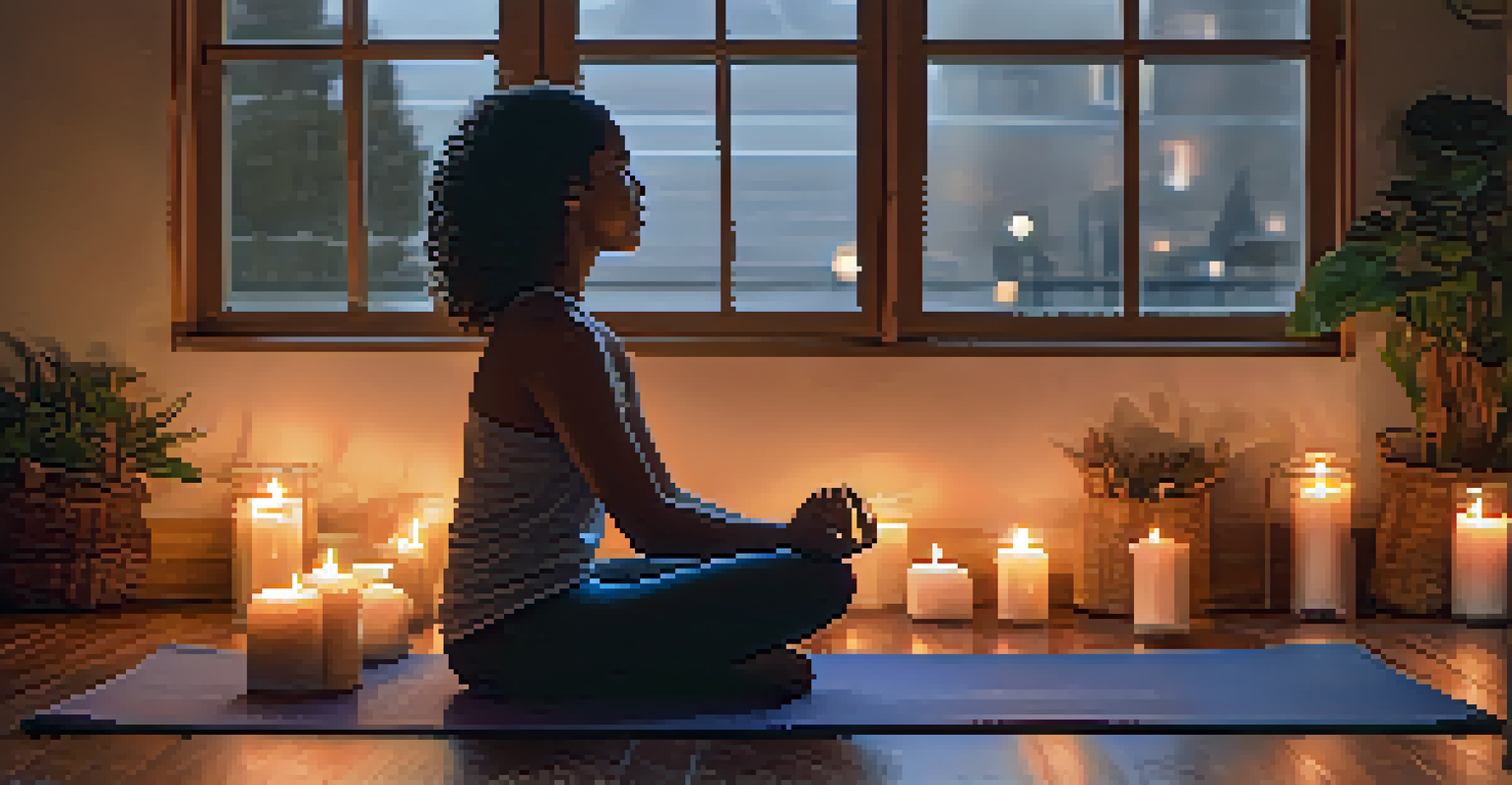 A person in Child's Pose surrounded by soft pillows and candles, evoking a sense of calm and introspection.