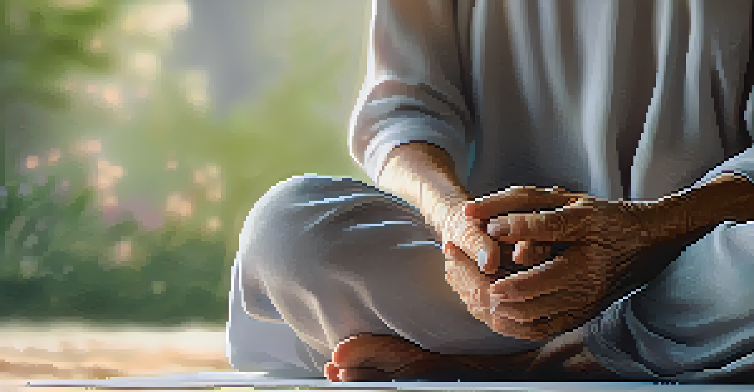 A close-up of a senior's hands on their knees, with a peaceful background highlighting mindfulness and meditation.