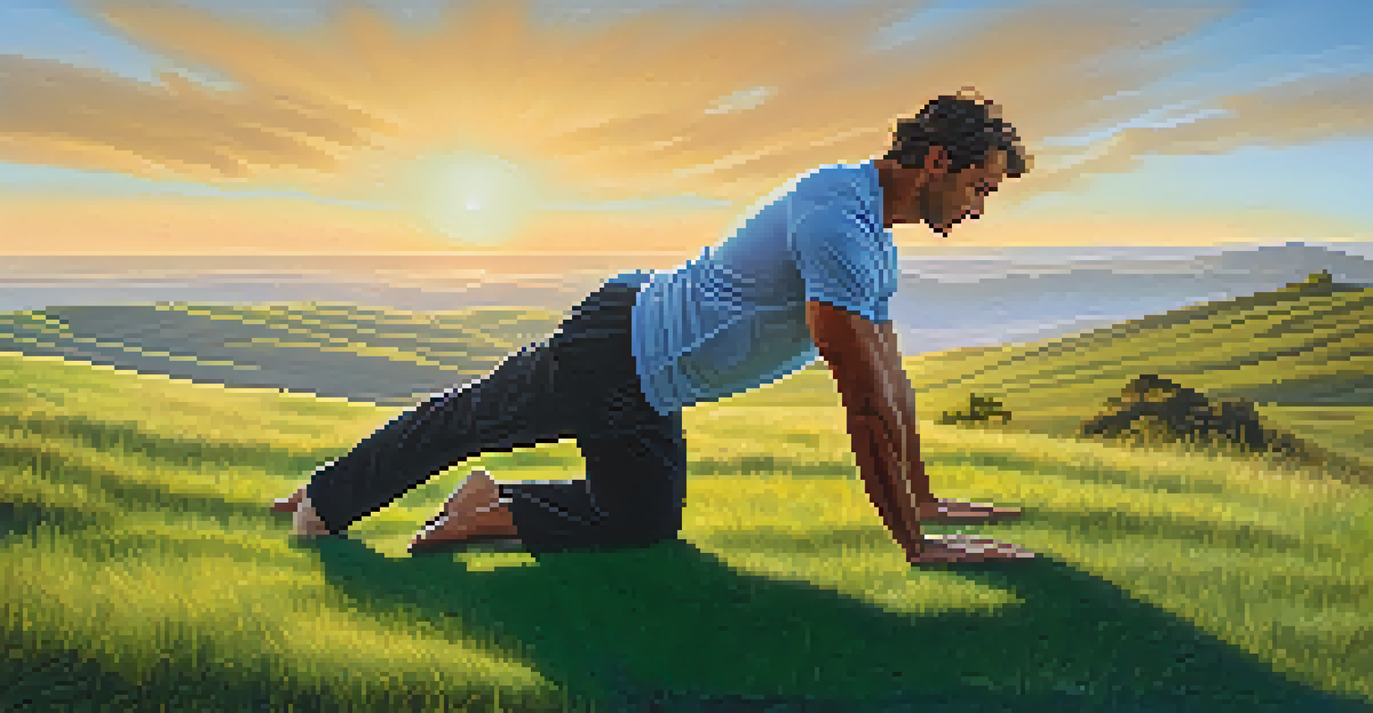 A man practicing Downward Dog on a hilltop at sunrise, surrounded by nature.