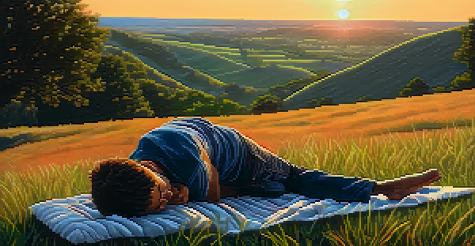 A person doing a Supine Spinal Twist on a grassy hill at sunset, with a colorful sky in the background.