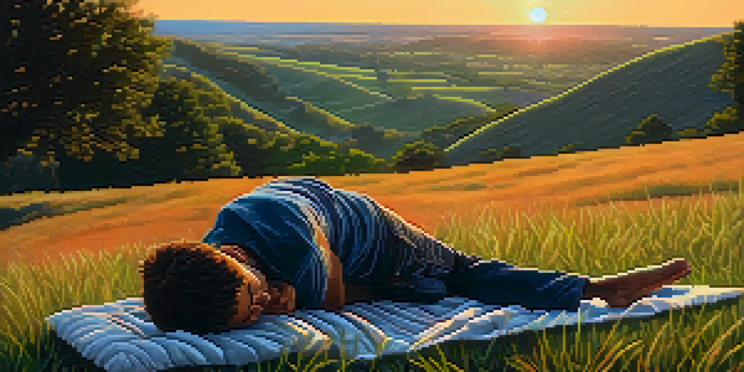 A person doing a Supine Spinal Twist on a grassy hill at sunset, with a colorful sky in the background.