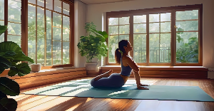 A peaceful yoga studio with a person practicing yoga amidst greenery and soft lighting.
