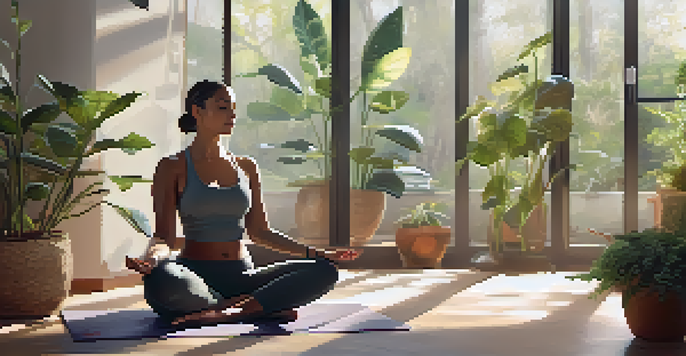 A person practicing yoga in a peaceful indoor setting with natural light and plants around them.