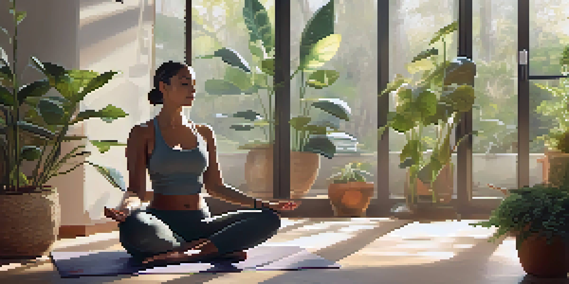 A person practicing yoga in a peaceful indoor setting with natural light and plants around them.