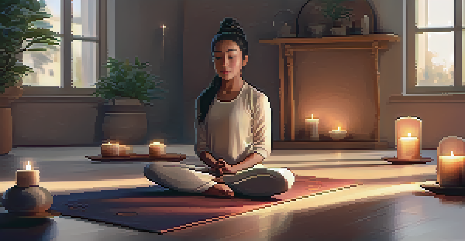 A person in Child’s Pose on a yoga mat surrounded by cushions and candles in a peaceful indoor setting.