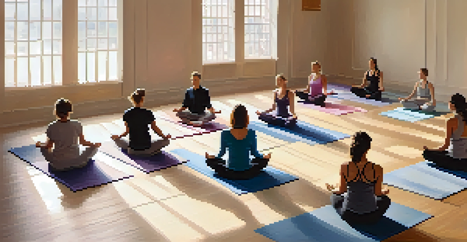 Overhead view of a yoga class in a spacious room, with practitioners in various poses on colorful mats.