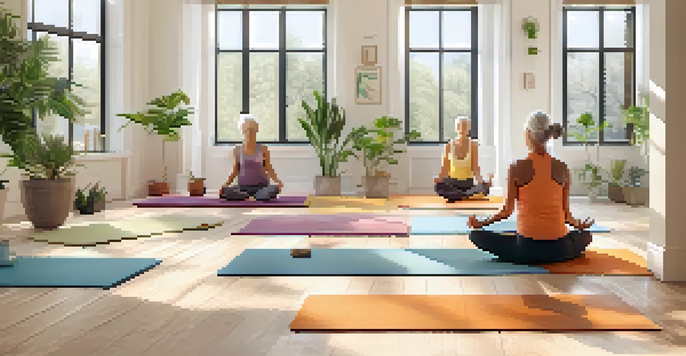 A group of seniors practicing gentle yoga poses in a well-lit room, surrounded by calming decor and supportive props.