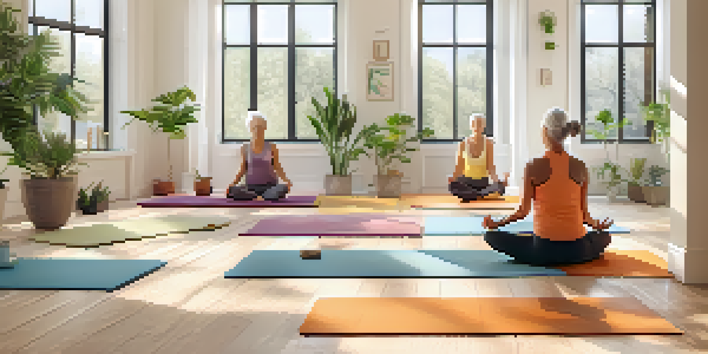 A group of seniors practicing gentle yoga poses in a well-lit room, surrounded by calming decor and supportive props.