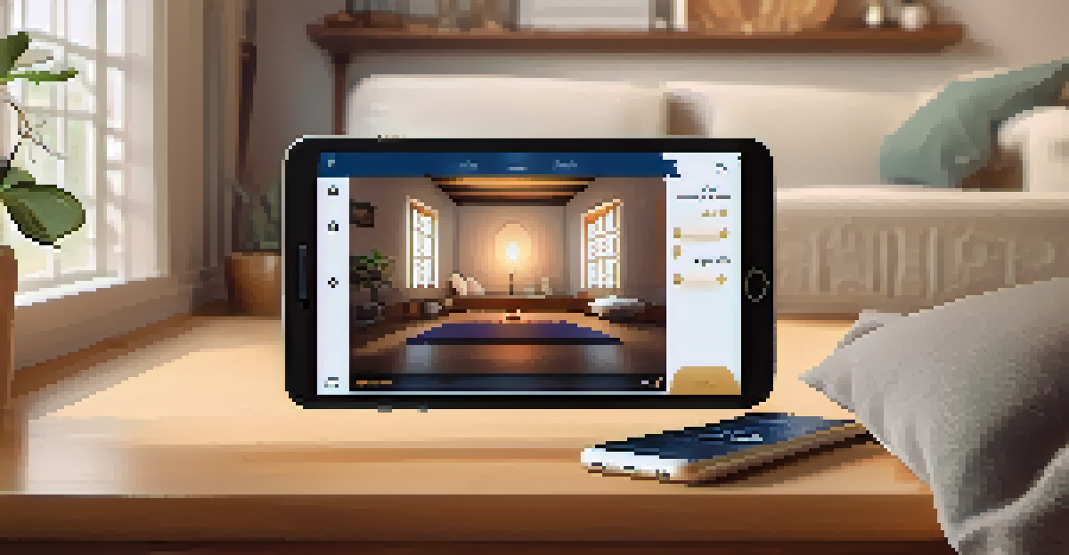 A smartphone showing a meditation app interface, placed in a cozy meditation corner with cushions and soft light.