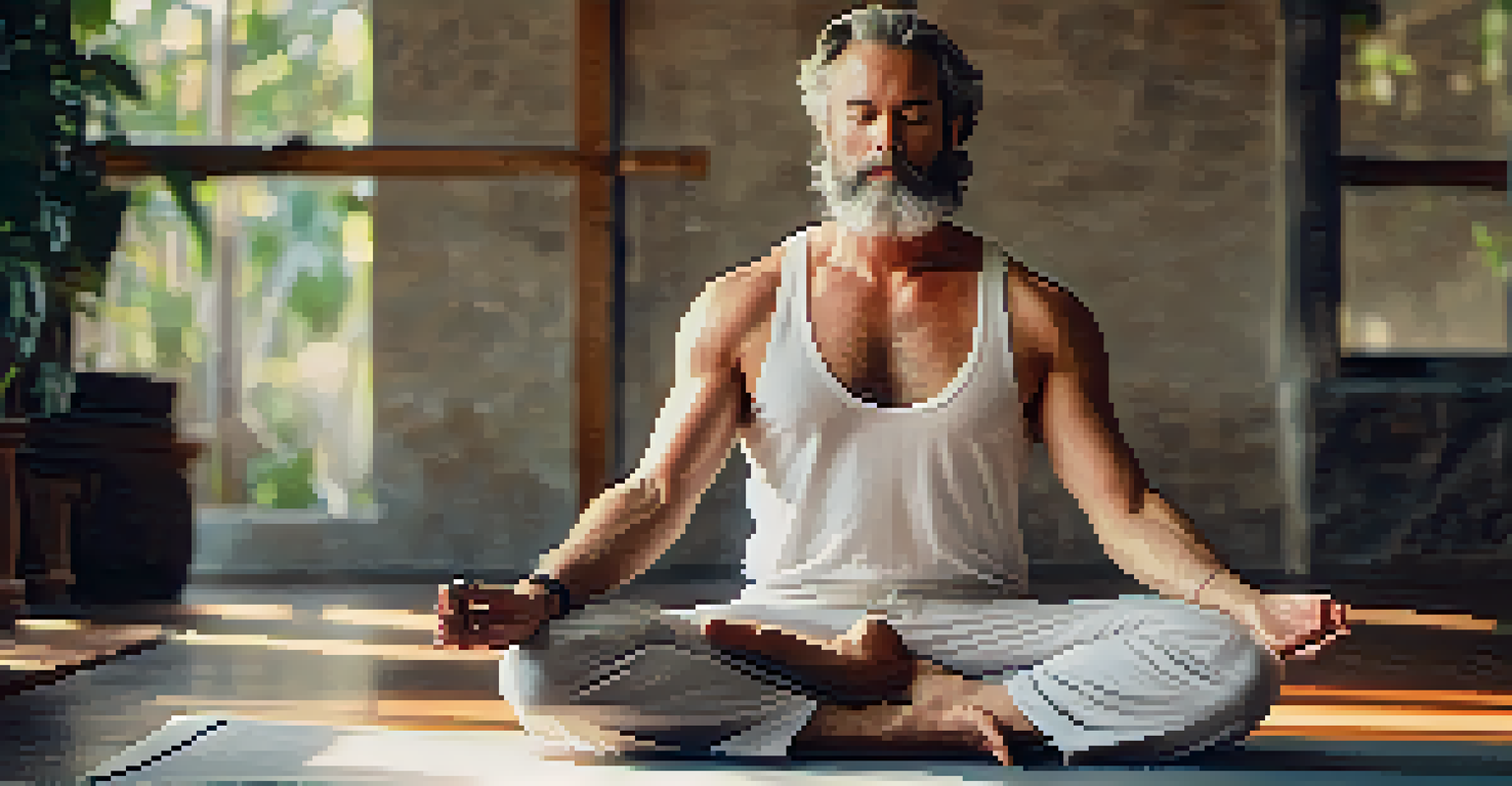 A close-up of a man practicing mindfulness in yoga, seated cross-legged with a peaceful expression and hands in a mudra.
