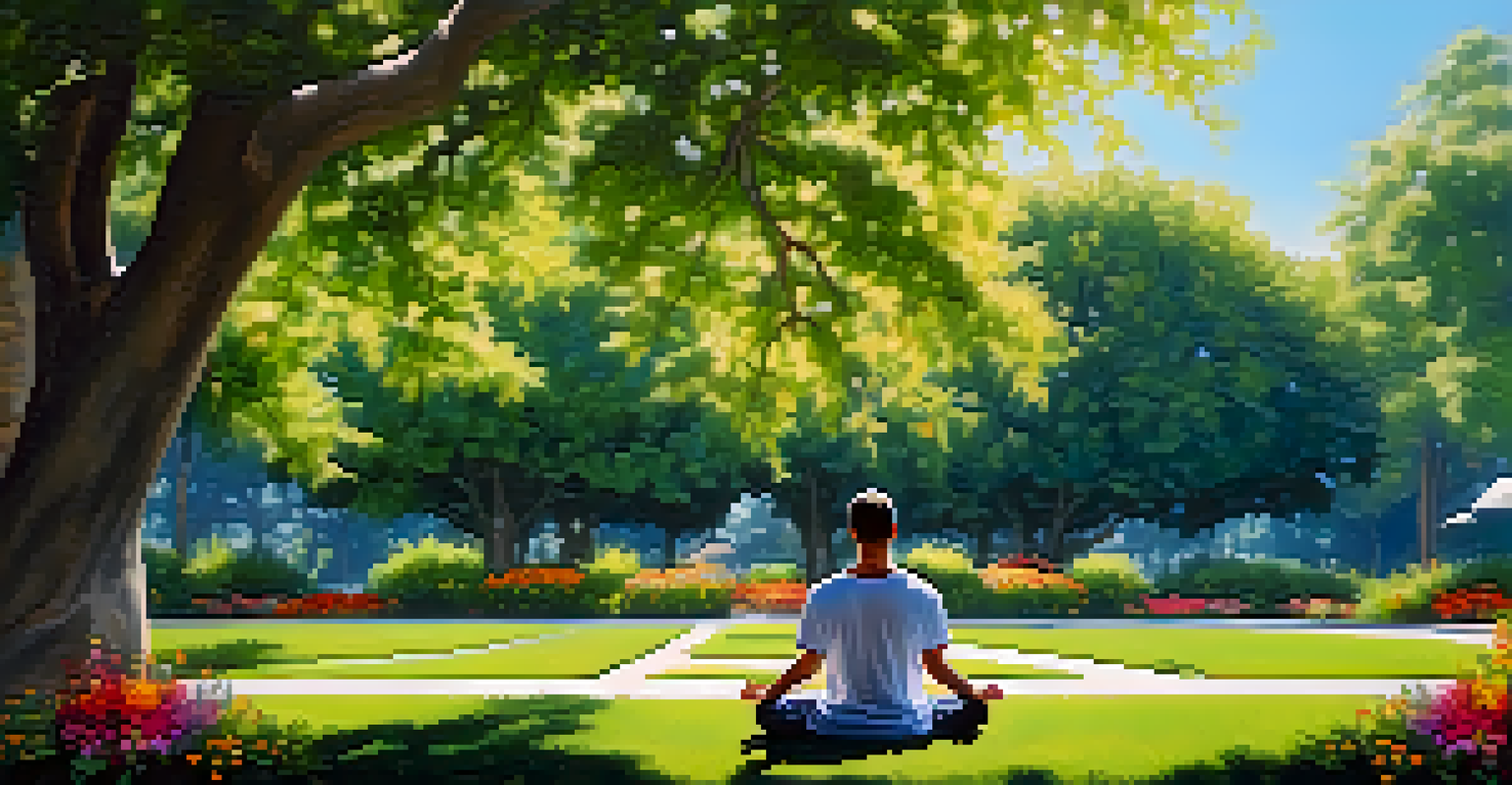 A young man meditating on a yoga mat in a tranquil park filled with greenery and flowers.