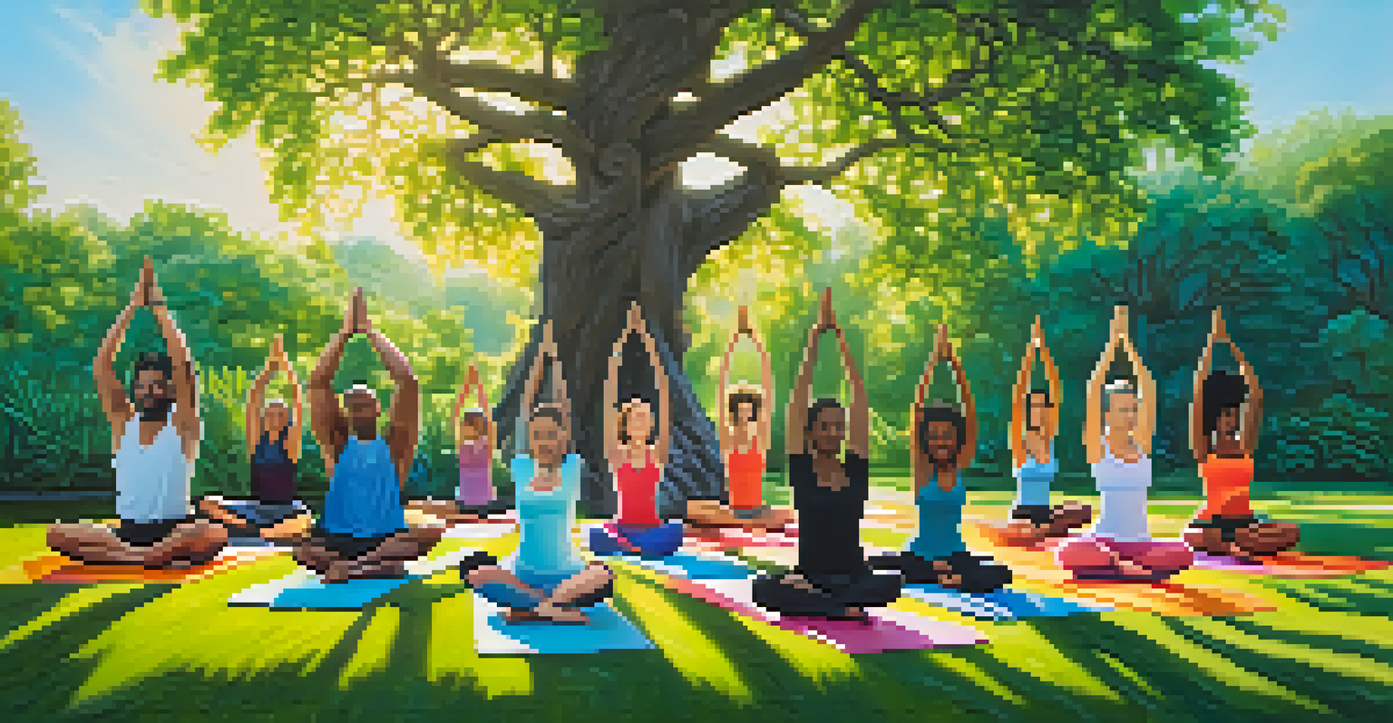 A diverse group practicing yoga in a sunny park, surrounded by greenery and flowers.