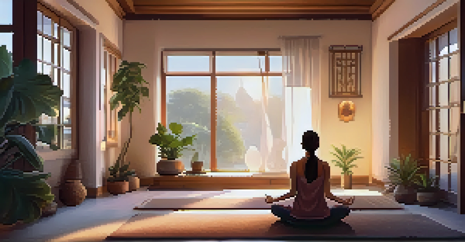 A person meditating in a softly lit room filled with candles and plants, creating a peaceful environment.