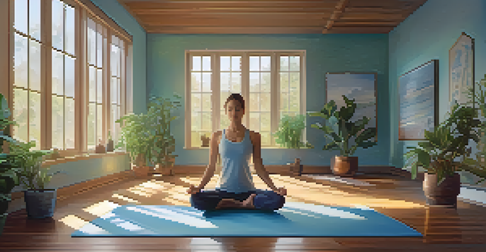 A peaceful yoga studio with a person meditating in the center, surrounded by plants and natural light.