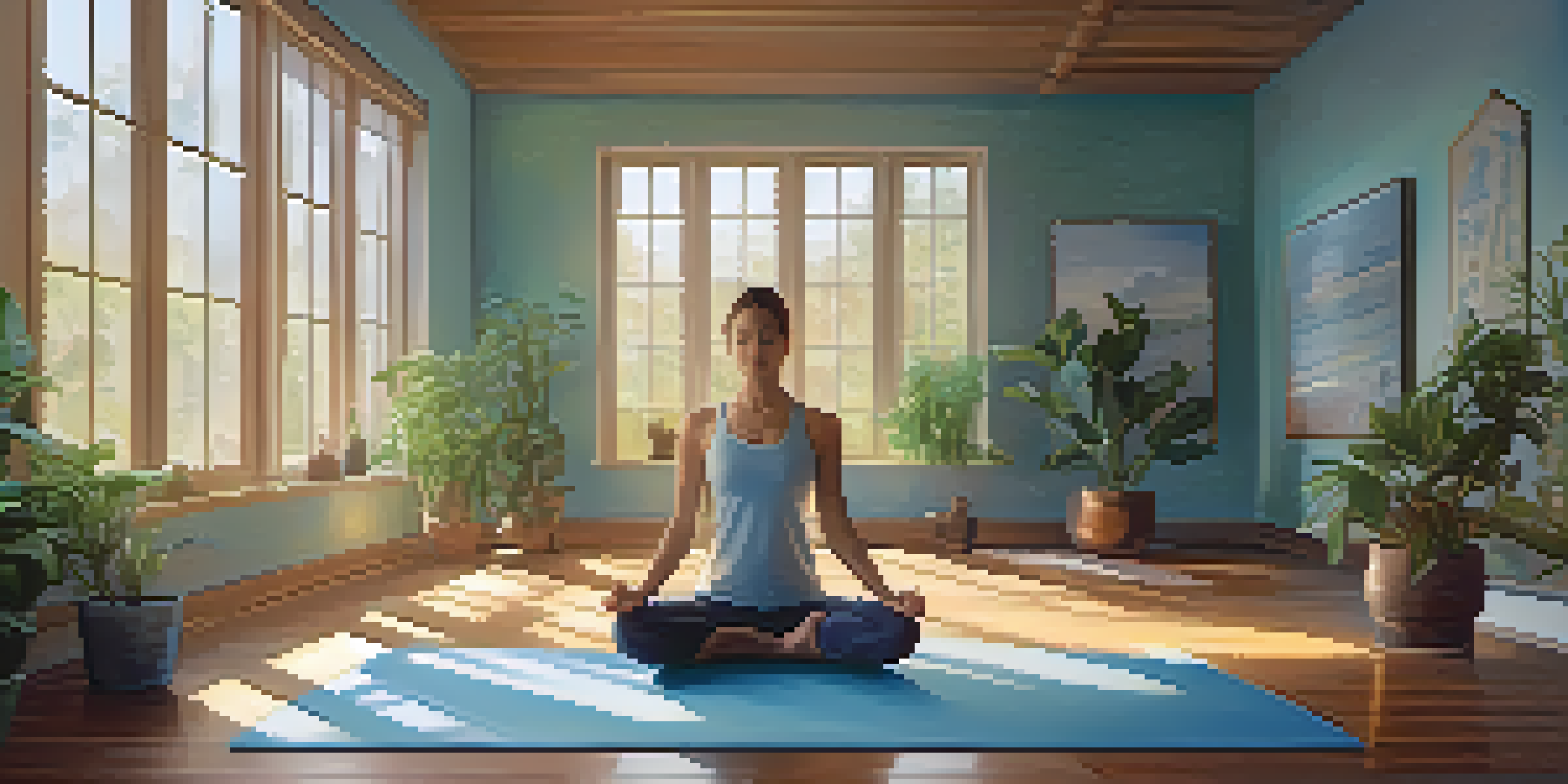 A peaceful yoga studio with a person meditating in the center, surrounded by plants and natural light.
