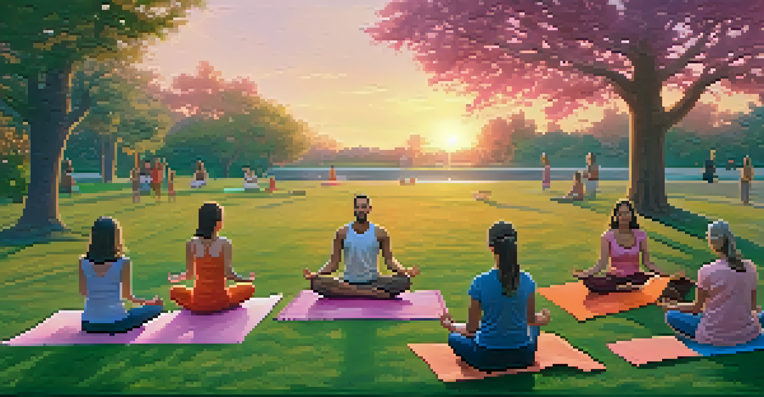 A family practicing yoga together in a park during sunset, surrounded by vibrant colors in the sky and a serene natural environment.