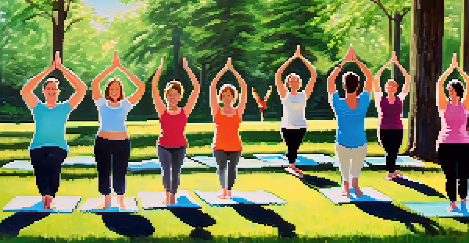 A group of colleagues practicing yoga outdoors on a grassy field during a corporate retreat, surrounded by trees and blue sky.