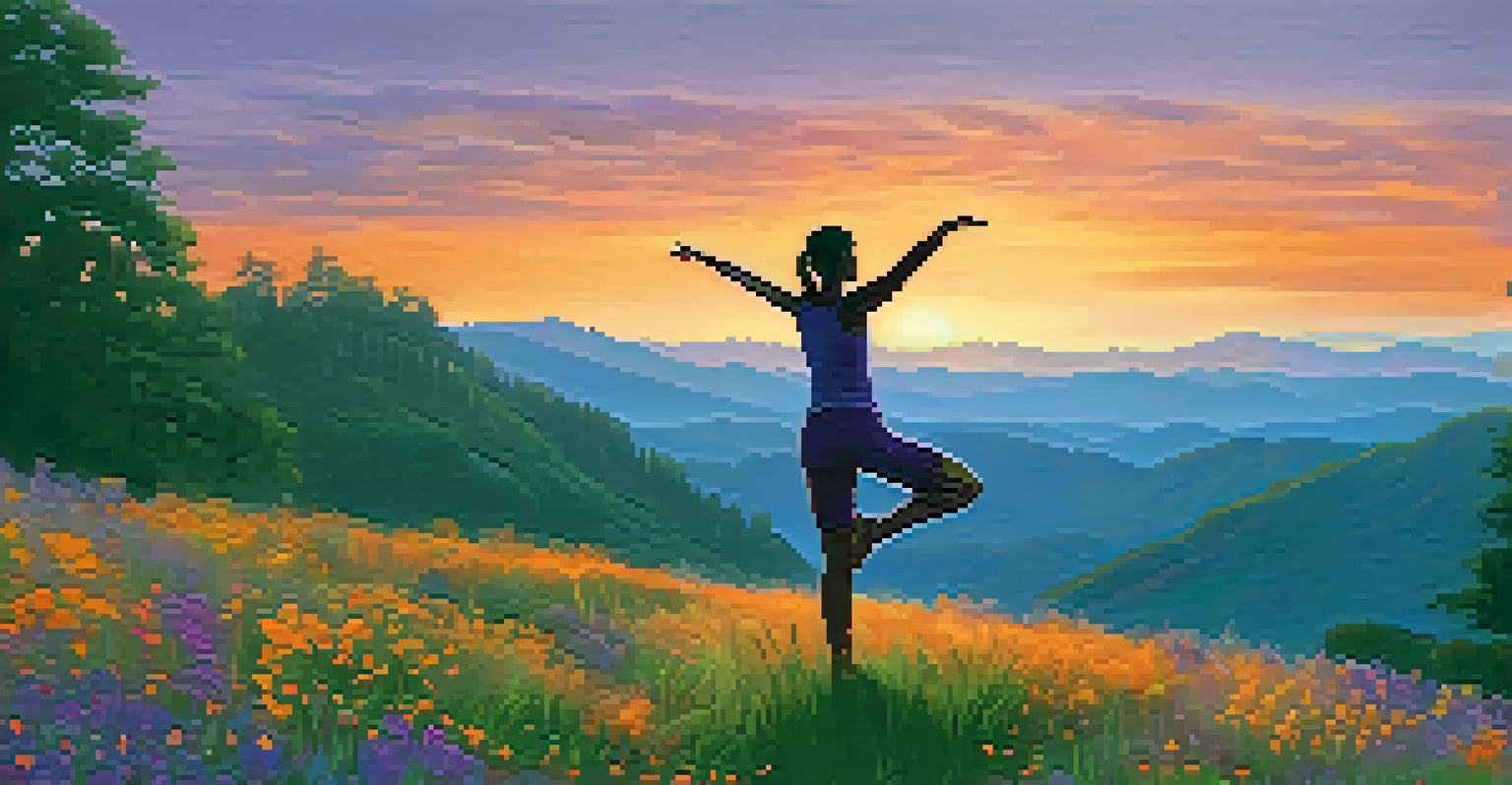 A person practicing Warrior II Pose on a grassy hill at sunset, silhouetted against a colorful sky.