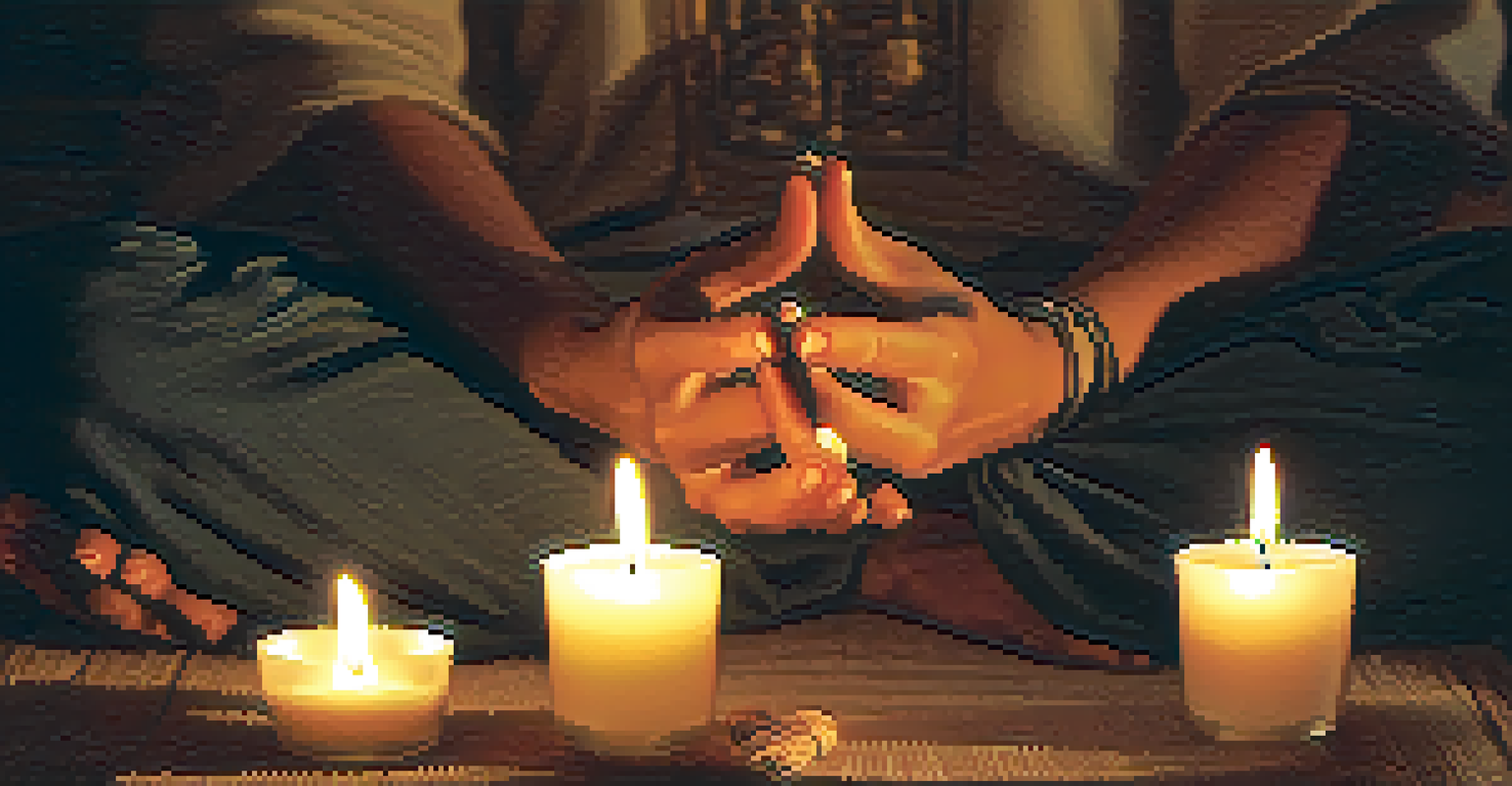 Close-up of a person's hands in a mudra position during meditation, with a softly blurred background of candlelight and incense smoke.
