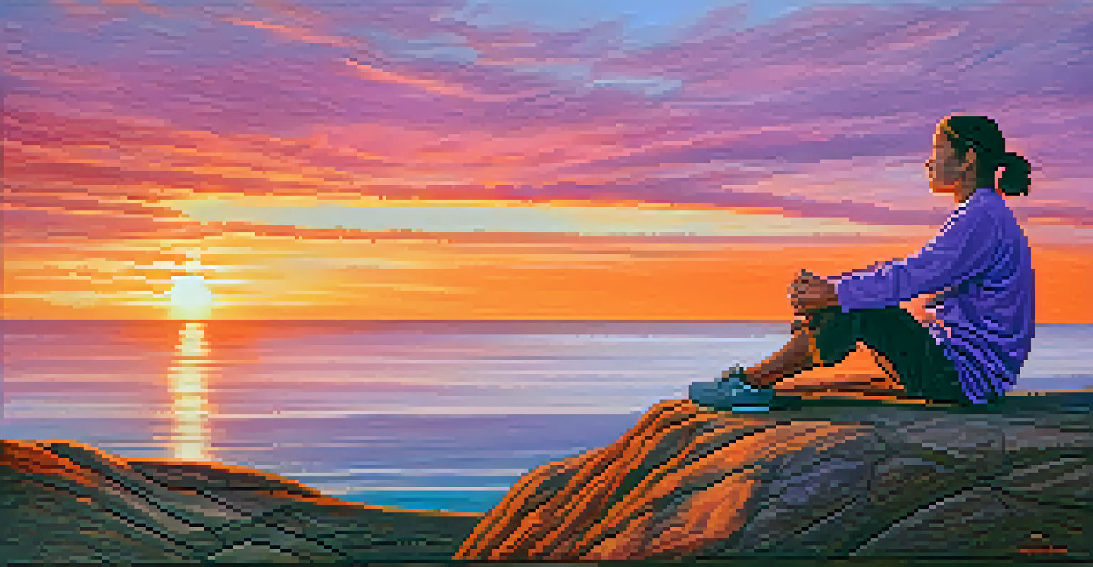 A person meditating on a cliff at sunset, surrounded by a breathtaking view of the ocean and colorful sky, illustrating peace and emotional awareness.