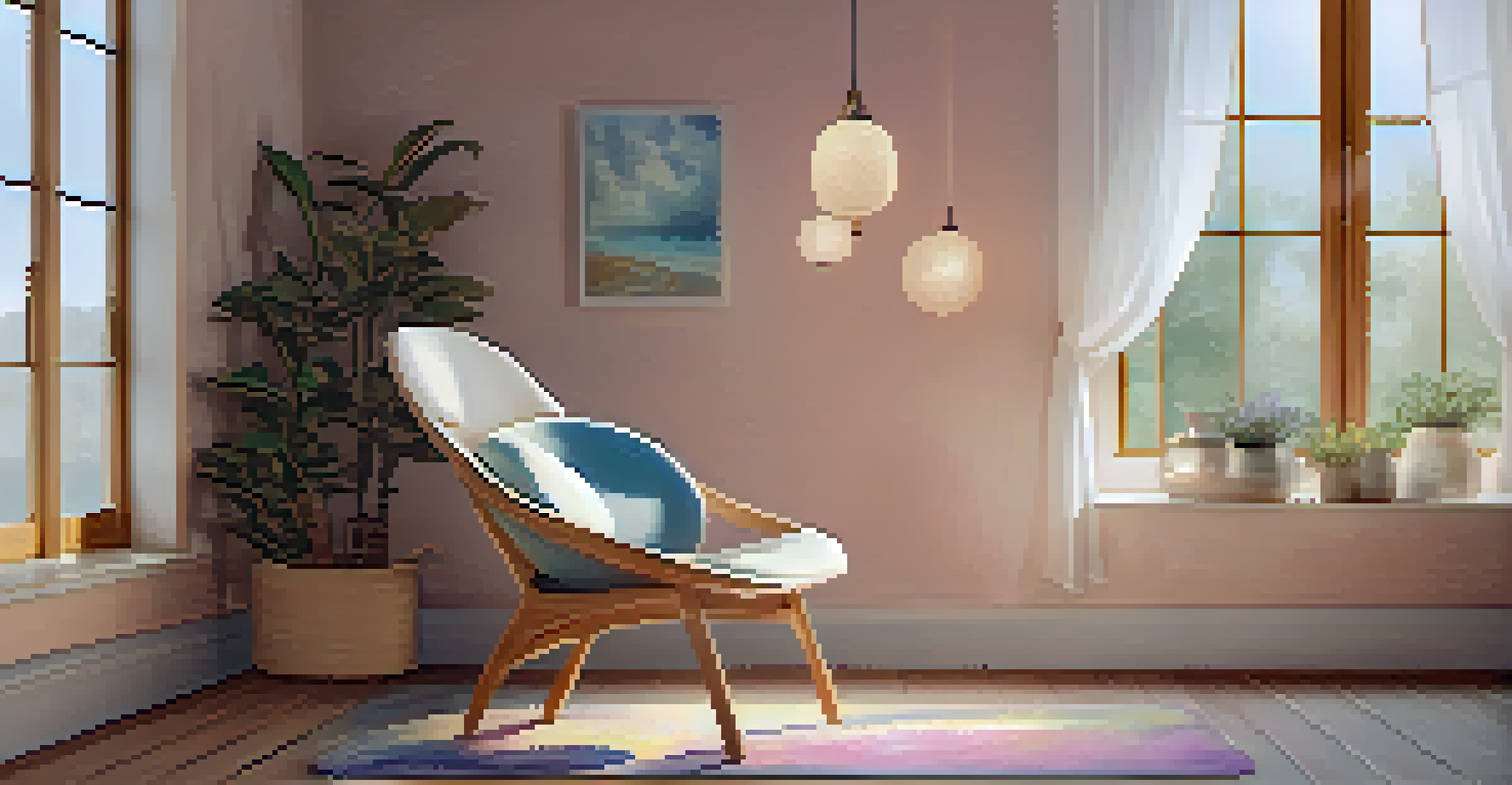 A person sitting in a chair with closed eyes, practicing mindful breathing in a peaceful environment.