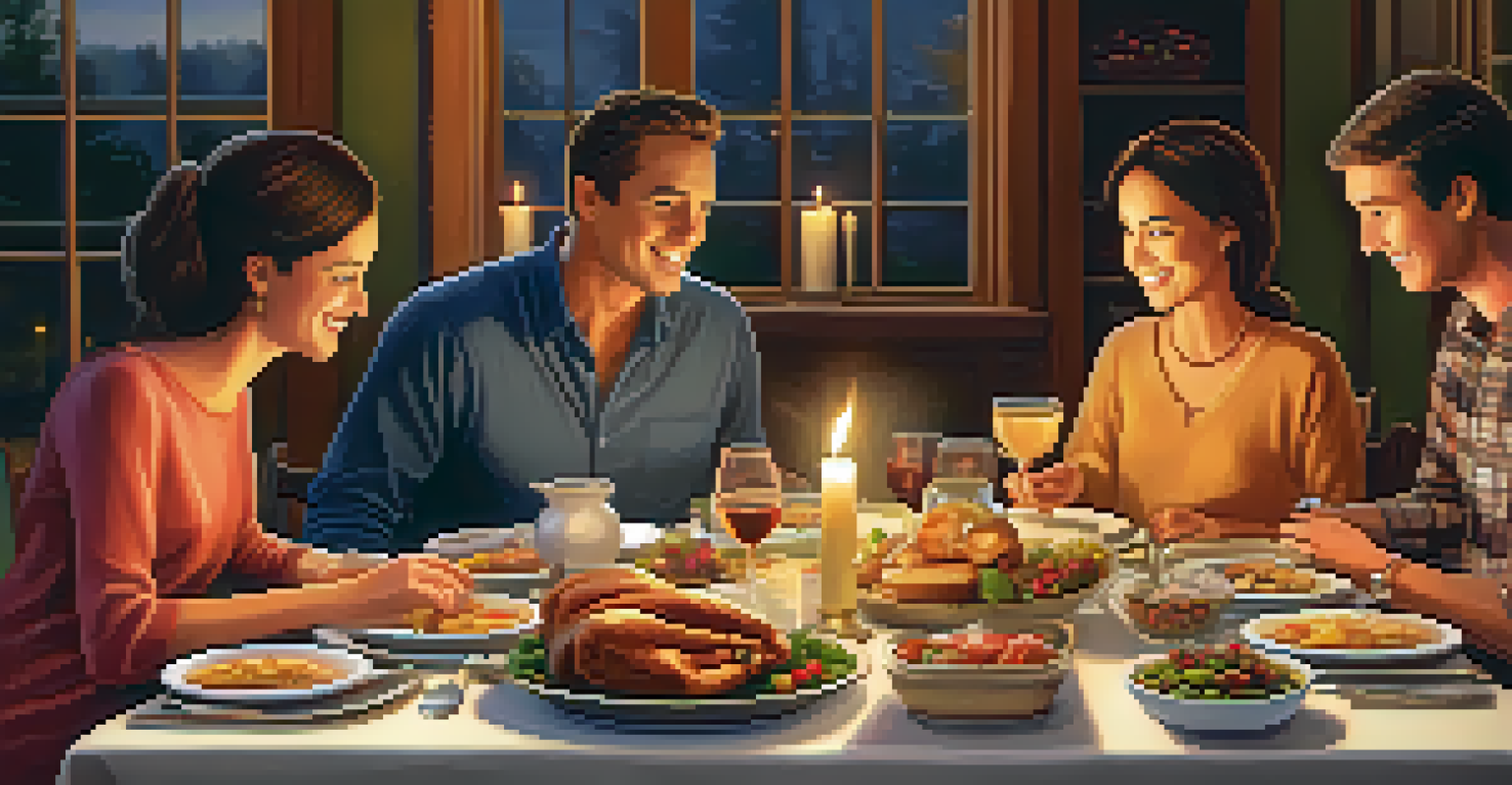 A family gathered around a dining table, engaged in meaningful conversation and practicing mindful listening in a cozy setting.