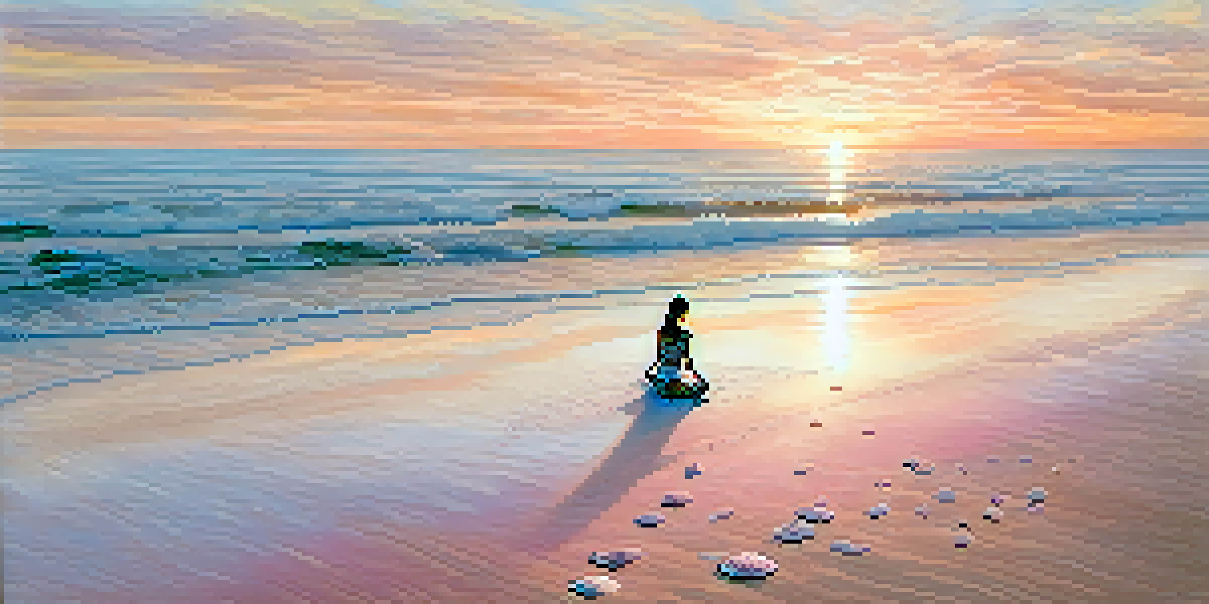 A person practicing yoga on a beach at sunrise, performing Sun Salutations with a beautiful pastel sky and gentle waves in the background.